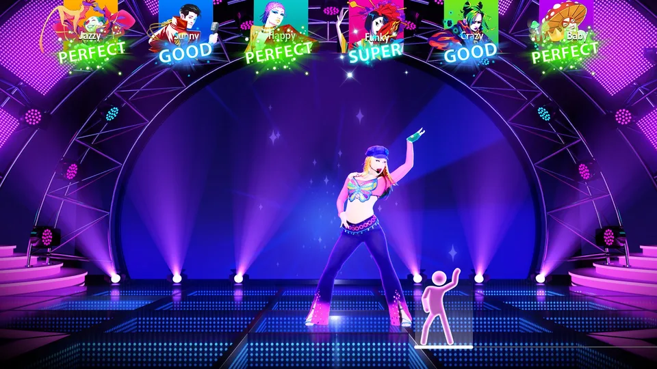 Six players dancing together with on-screen scoring in Just Dance: Decades of Hits