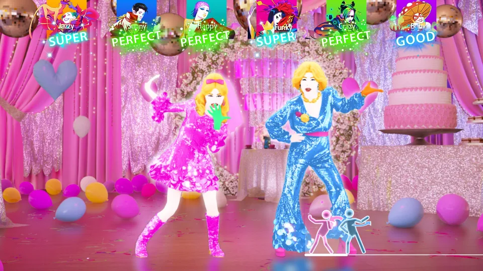 Two dancers performing a routine on a pink stage in Just Dance: Decades of Hits