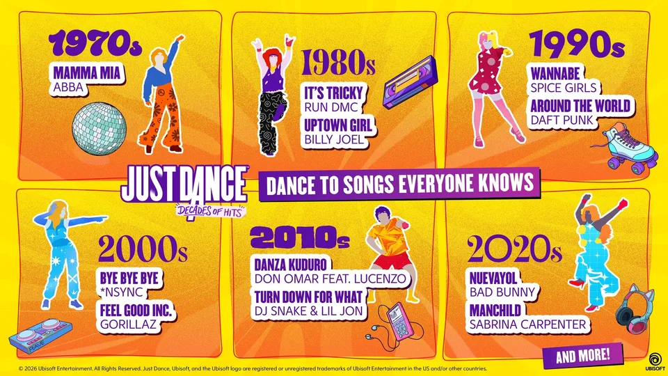 Just Dance: Decades of Hits poster with songs from the 1970s to the 2020s